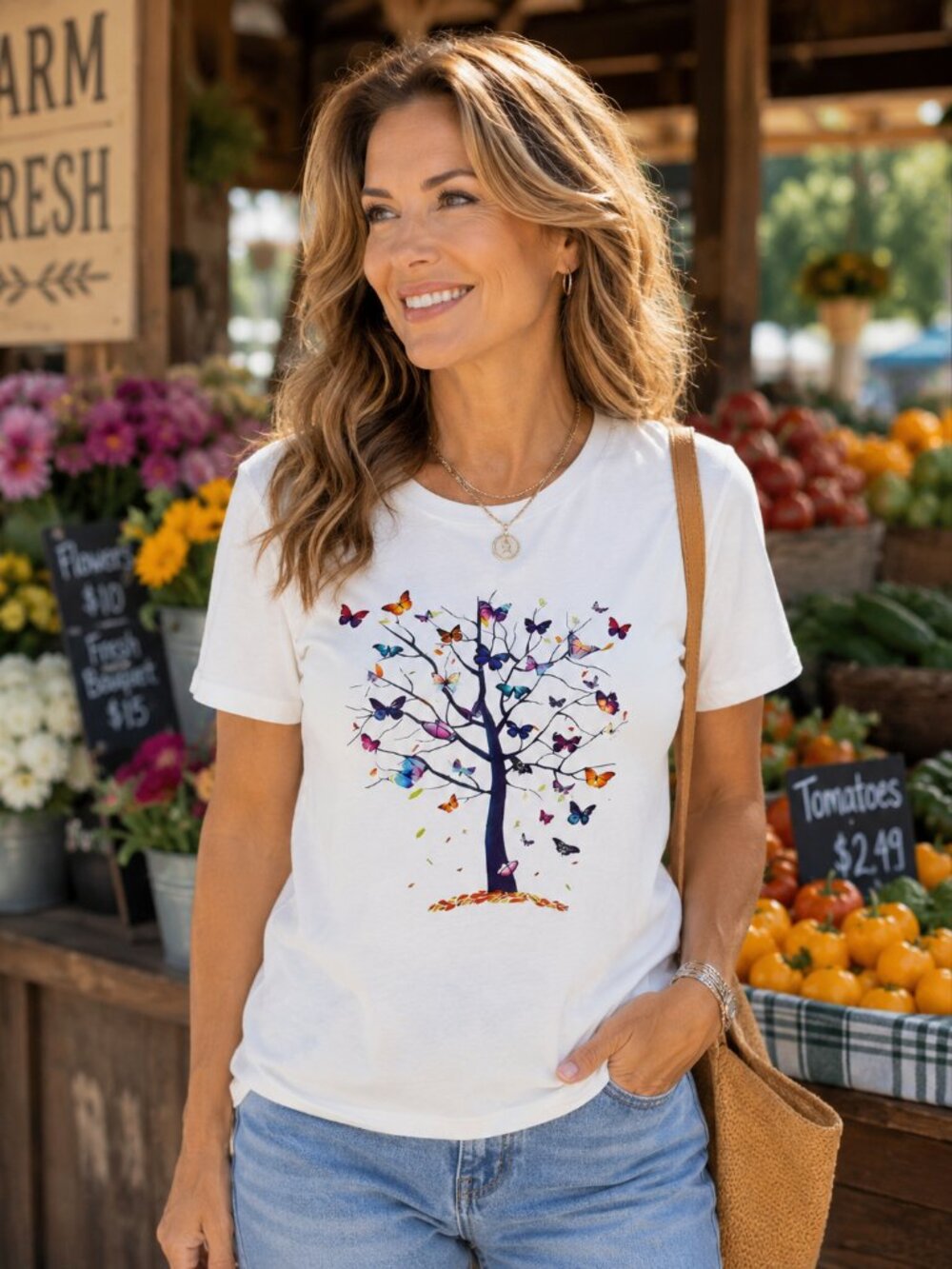 SHEIN Women US Size 12 White Butterfly Tree Graphic Short Sleeve Nature Tee